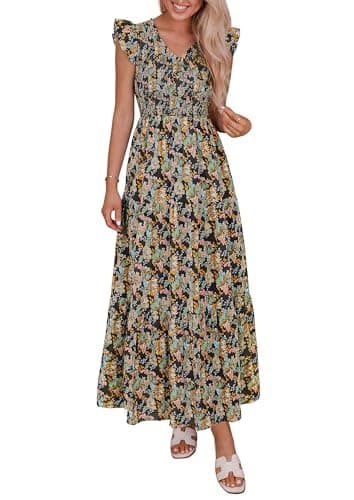 PRETTYGARDEN Women's Boho Floral Maxi Dress 2026 Summer Smocked V Neck Ruffle Sleeve Spring Flowy Beach Vacation Sundresses (Black,X-Large) - Image 1