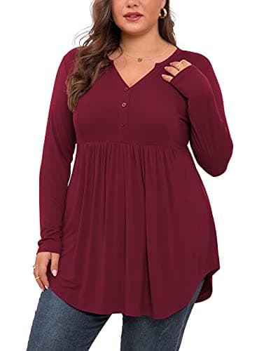 SHIJIALI Women's Plus Size Tops V Neck Henley Shirts Casual Long Sleeve Swing Flowy Blouse for Leggings Burgundy-X-Large - Image 1