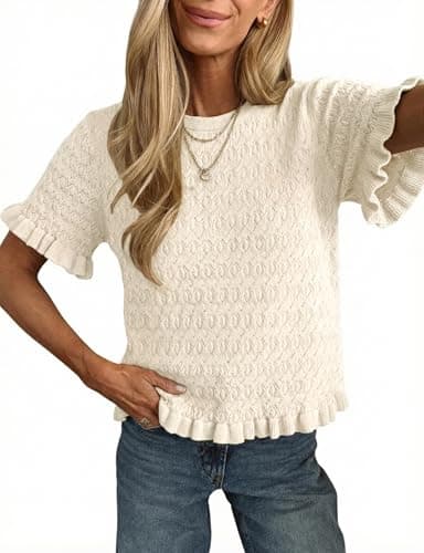 WEQULE Womens Casual Short Sleeve Crewneck Knit Tops Lightweight Peplum Ruffle Pullover Cropped Sweaters(Beige-XL) - Image 1