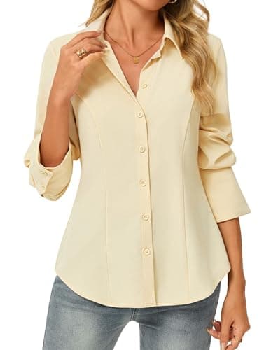 GRACE KARIN Womens Button Down Shirts,Long Sleeve Collared Dress Shirt,Wrinkle-Free Work Blouse Office Tops Butter Yellow M - Image 1