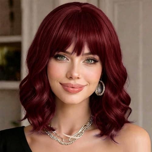 Beautier Wine Red Short Wavy Bob Wig with Bangs for Women Shoulder Length Synthetic Curly Wavy Wigs Heat Resistant Fiber Hair for Daily Party Use (14 Inch) - Image 1