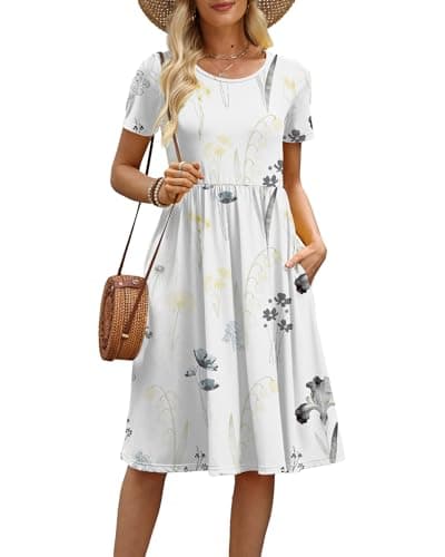 COSSEN Women's 2026 Summer Midi Dress White Print Small Crew Neck Short Sleeve Casual Tshirt Sundress with Pockets Flowy Loose - Image 1