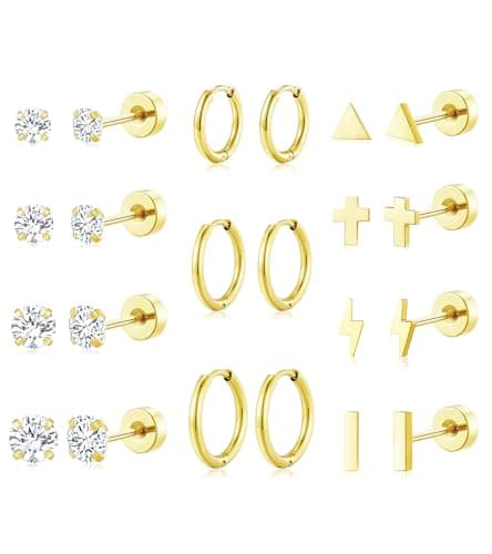 adoyi Gold Hoop Earrings Set for Women Hypoallergenic Stainless Steel Earrings for Sensitive Ears 14K Gold Plated Flat Back Studs Cartilage Earring for Women Lightweight Jewelry Gifts - Image 1