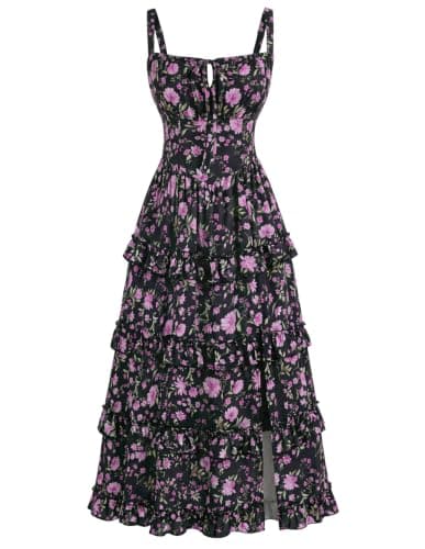 Women's Floral Corset Dress 2026 Summer Spring Wedding Guest Dresses Flowy Sundress with Pockets Black Pink Bloom S - Image 1