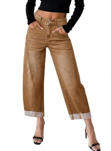 Sidefeel Wide Leg Jeans Woman Capri Pants Barrel High Waisted Baggy Stretch Boyfrined Denim Pants Size 18 Brown - Image 1