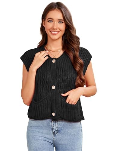 YesFashion Sleeveless Cardigans for Women, Knitted Cropped Sweater Button Up Vest Top for Summer Black - Image 1