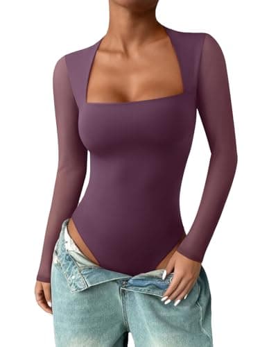 PINKMSTYLE Long Sleeve Bodysuit for Women Square Neck Mesh Going Out Tops Date Night Outfit Purple X-Large - Image 1