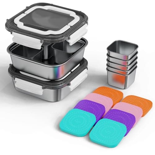 ENCYS Set of 2 Stainless Steel Conntainers with Lids 5 Pack,Large Stainless Steel Container(1.5qt) and Set of 4 Snack Containers,Convenient to Carry,Suitable for Picnics and Travel - Image 1