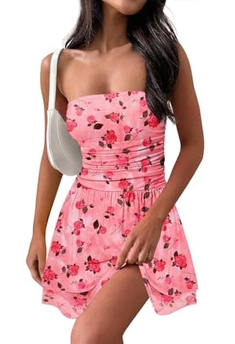 MEROKEETY Women's Summer Floral Strapless Tube Dress Boho Off Shoulder Ruffle Tiered Mini Sundress, DarkPink, X-Large - Image 1