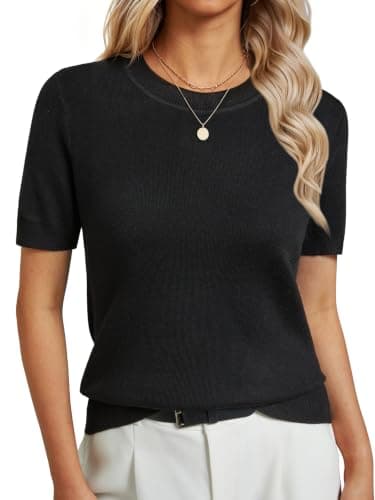 GKBK Women's Short Sleeve Sweaters Lightweight Wool Blend Knit Pullover Summer Tops Soft Basic Tee Shirts Business Casual Outfits for Women 2026 Fashion Trendy Black M - Image 1