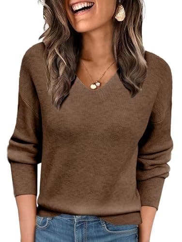 DancingYarns Womens V Neck Wool Sweater Fall Winter Spring 2026 Trendy Ladies Dressy Business Casual Outfits Sexy Lightweight Soft Cozy Knit Long Sleeve Pullover Work Tops Taupe XL - Image 1