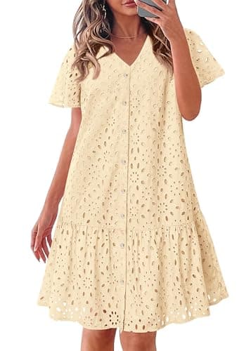 KIRUNDO Eyelet Dresses for Women 2026 Spring Summer Short Sleeve Button Down Loose Mini Babydoll Dress Beach Vacation Clothes(Beige, Medium) - Image 1