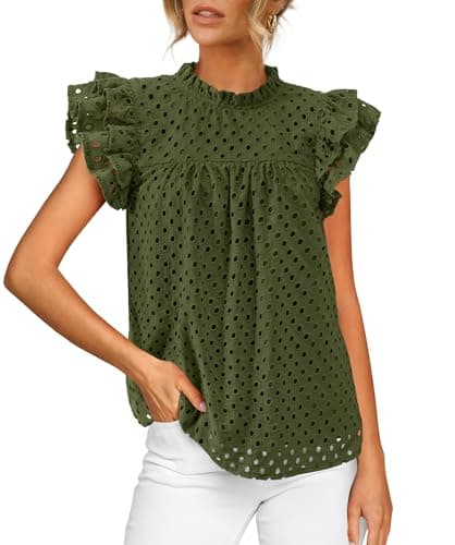 BTFBM Casual Summer Tops for Women 2026 Short Ruffle Sleeves Shirts Crew Neck Hollow Out Lace Embroidered Blouses(Army Green,Small) - Image 1