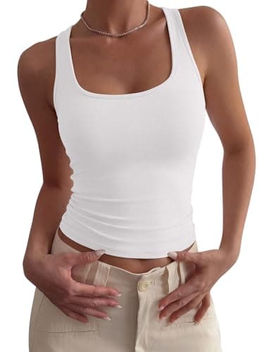PINKMSTYLE Womens Double Lined Scoop Neck Tank Top Basic Sleeveless Summer Tops Slim Fit Workout Outfits White XX-Large - Image 1