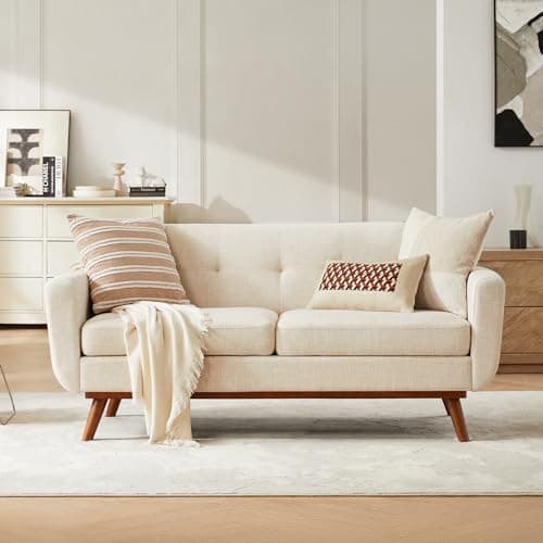 Kingfun 65.2" W Loveseat Sofa, Mid Century Modern Decor Love Seat Couches for Living Room, Button Tufted Upholstered Furniture, Easy to Install Small Couch for Bedroom Office Apartment, Cream White - Image 1