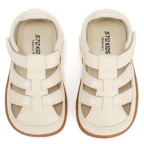 STQ KIDS Toddler Girls Wide Toe Box Sandals - Barefoot Zero Drop Shoes, Hook and Loops Non Slip Summer Sandals for Outdoor, Beach, Party, Home, Beige Infant Size 4 - Image 1