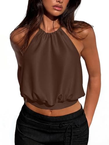 REORIA Women's Halter Backless Crop Top Sexy Sleeveless Summer Going Out Outfits 2026 Trendy Dark Brown Large - Image 1