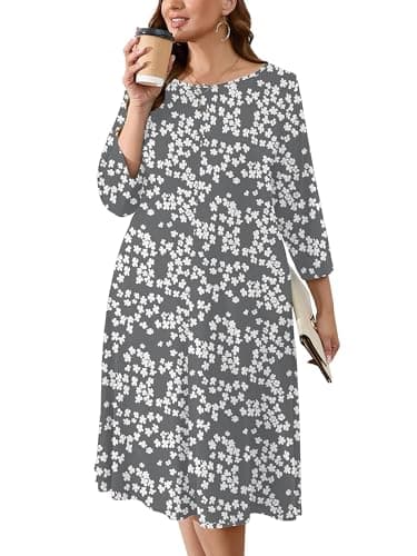 AusLook Women's Plus Midi Dresses Crew Neck A Line 3/4 Sleeves Casual Elegant Loose Flowy Wedding Guest Maternity Vacation Beach Grey Sakura 3X Dress with Pockets - Image 1