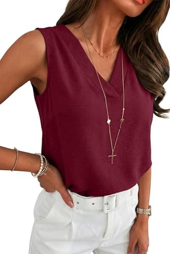 Cute Tops for Women Wine Red Summer V-Neck Textured Sleeveless Breathable Vacation Shirts - Image 1