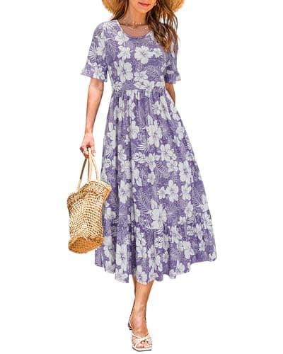 STYLEWORD Women's Summer 2025 Casual Short Sleeve Tiered Flowy Spring Dress Long Midi Beach Sundress Vacation Outfits(Floral15,M) - Image 1