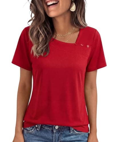 MFAVIP Short Sleeve Shirts for Women Tunic Tops Asymmetric Square Neck with Decorative Buttons Loose Fit Summer Casual Burgundy - Image 1