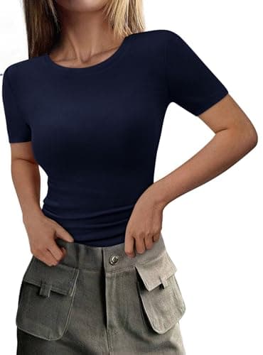 PRETTYGARDEN Women 2026 Summer Crew Neck Short Sleeve Tops Ribbed Knit Slim Fit Fashion Basic Tee Shirts Casual Going Out Top (Dark Blue,Small) - Image 1
