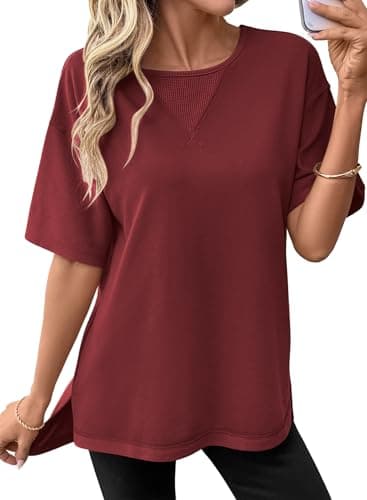 SHEWIN Oversized Tshirts for Women Crew Neck Short Sleeve Tee Lightweight Womens Tops Teacher Outfits Pullover Summer Tops for Women,(US 20-22) 2XL,Burgundy - Image 1