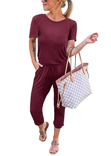 KIRUNDO Jumpsuits for Women Summer 2026 Casual Short Sleeve One Piece Outfits Drawstring Waist Long Pants Romper Jumpers(Wine Red, X-Large) - Image 1