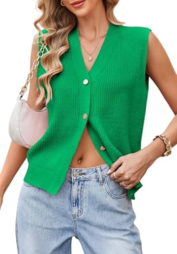 Sleeveless Cardigans Women Sweater Vest Summer Cardigan Knit Vest Top Trendy Button Up Sweater Tank Tops Green S - Image 1