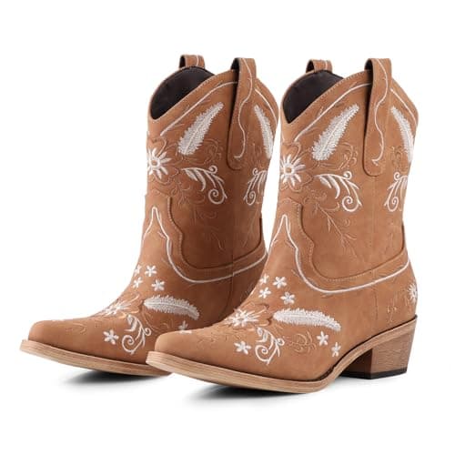 LingxiaUne Cowboy Boots for Women,Brown Ankle Cowgirl Boots Chunky Heel,Short Western Booties with Embroidery, Comfortable Block Low Heel Boot Wide Calf, Women's Snip Toe Cowgirl Boot - Image 1