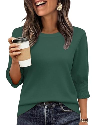 Totatuit Sweater 3/4 Sleeve Tops for Women 2026 Pullover Jumper Dressy Fit Crew Neck Pleated Sweater Forest Green XX-Large - Image 1