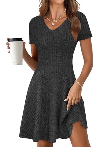 ANRABESS Womens Summer Dresses Casual Short Sleeve Ribbed Knit V Neck Swing A-Line 2026 Spring Vacation Tunics Short Dress Black Large - Image 1