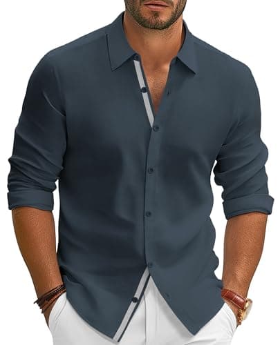 PJ PAUL JONES Mens Dress Shirts Long Sleeve Stretch Solid Button Up Shirts Wrinkle-Free Casual Formal Shirt Navy Blue - Image 1