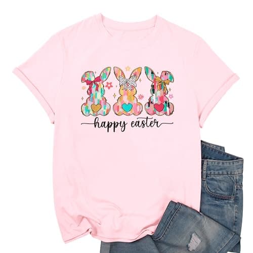 Easter Shirts for Women Funny Bunny Shirt Cute Rabbit Graphic T Shirt Happy Easter Casual Tshirt Short Sleeve Tops Pink - Image 1
