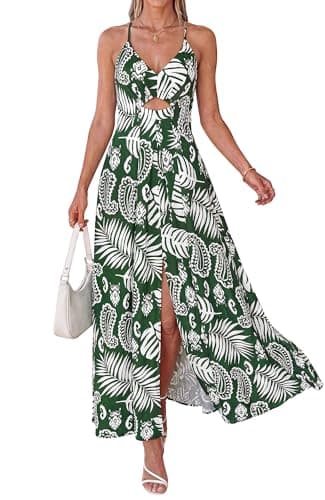BTFBM Summer Dresses for Women 2026 Spring Floral Spaghetti Strap Smocked Cutout Maxi Dress Resort Beach Vacation Outfit(Leaves Green, XX-Large) - Image 1