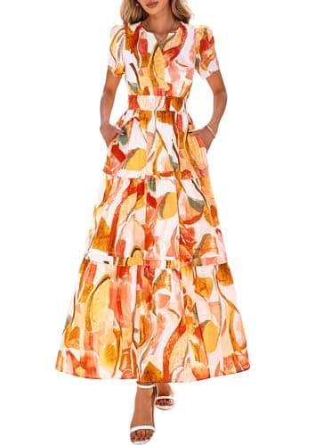 PRETTYGARDEN Women's 2026 Summer Boho Maxi Dresses Floral Short Sleeve V Neck A Line Tiered Flowy Long Beach Vacation Dress (Pink Watercolour,Large) - Image 1