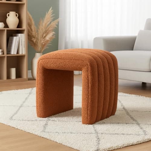 SEYNAR Modern Boucle Upholstered Ottoman,Small Accent Footrest Bench,Upholstered Cube Seat for Bedroom,Living Room,Entryway(Orange)