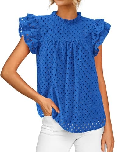 BTFBM Casual Summer Tops for Women 2025 Short Ruffle Sleeves Shirts Crew Neck Hollow Out Lace Embroidered Blouses(Blue,Small) - Image 1