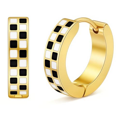 Enamel Earrings Checkered Huggie Small Hoop Earrings,Hypoallergenic 18K Gold Plated Surgical Stainless Steel,Chic Black and White Checkered Cartilage Earrings for Women Birthday Daily Wear (Gold) - Image 1