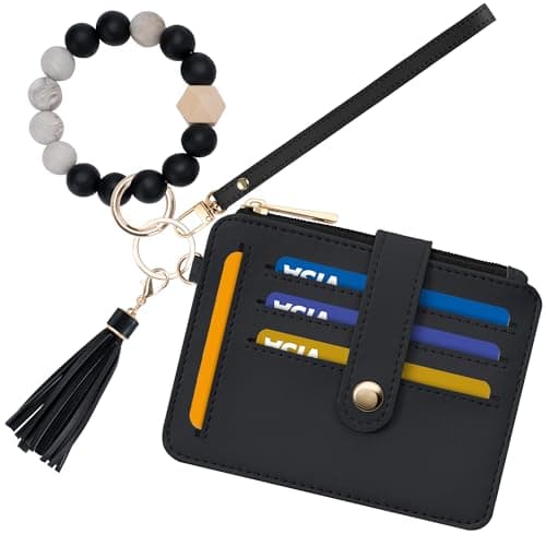 Airkit Wristlet Wallets for Women, Keychain RFID Blocking Credit Card Holder, Small Girly Wallet with Bracelet, Silicone Beaded Tassel Key Ring Card Holder, Black - Image 1