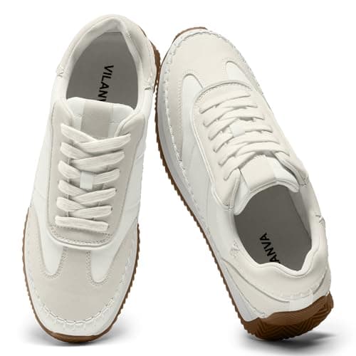 Vilanva Women's White Fashion Sneakers Casual Tennis Shoes with Non-Slip Retro Gum Sole Ladies Walking Trendy Footwear Size 6
