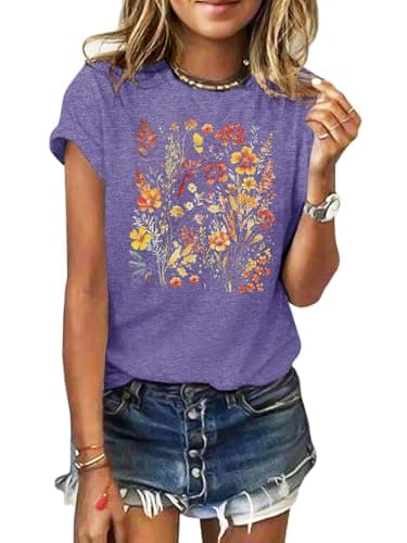 GEMLON Women's T Shirts Vintage Flowers Short Sleeve Tees Casual Loose Graphic Tops Boho Floral Shirts for Women Purple XL - Image 1