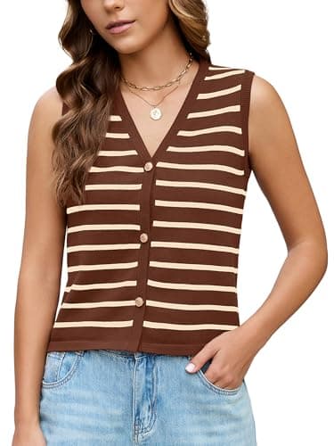KORSIS Sweater Knit Vest Tops for Women Dark Coffee White Striped Medium Button up Summer Fall Outfits Fashion Casual Shirts Coat Cardigan jacket Work Clothes - Image 1