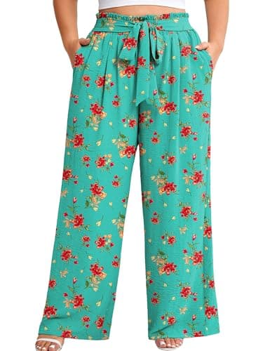 AusLook Plus Size Wide Leg Pants for Women High Waist Elastic Drawstring Palazzo Casual Lounge Beach Travel Vacation Resort Cyan Hibiscus 2X Pants with Pockets Flowy Summer Comfy Outfit - Image 1
