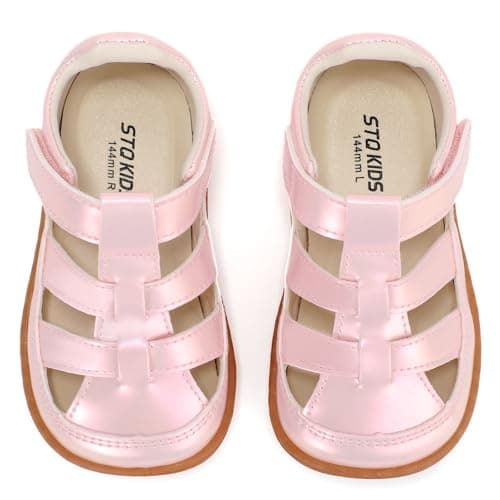 STQ KIDS Toddler Girls Wide Toe Box Sandals - Barefoot Zero Drop Shoes, Hook and Loops Non Slip Summer Sandals for Outdoor, Beach, Party, Home, Pink Toddler Size 5 - Image 1
