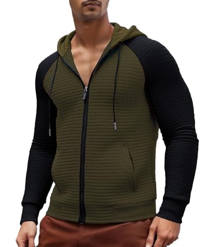 Men's Lightweight Waffle Knit Jacket Zip Up Hoodie Long Sleeve Drawstring Casual Plaid Jacquard Sweatshirt with Pocket - Image 1