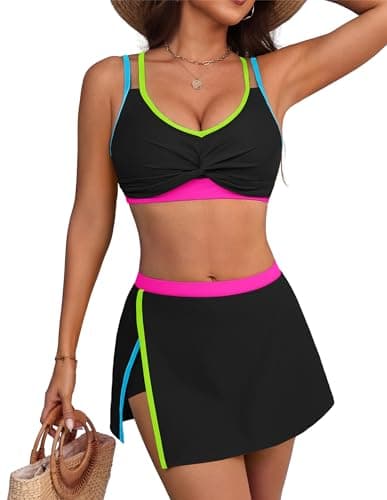 Hanna Nikole Womens High Waisted Bikini Sets Neon 2 Piece Swimsuit 2026 Tummy Control Bathing Suit Sporty Swimwear with Skirt Black L - Image 1
