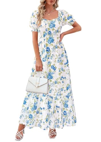 PRETTYGARDEN Women's Floral Boho Maxi Dresses Flowy Short Sleeve A Line Smocked Eyelet 2026 Summer Beach Vacation Clothes (Floral White Blue,Large) - Image 1