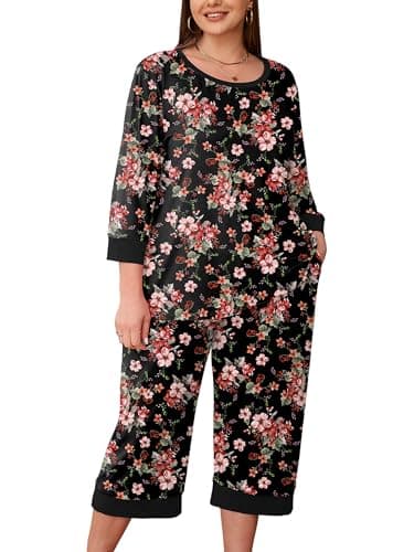 AusLook Women’s Plus Size Pajama Sets Floral 3/4 Sleeve Nightwear Top and Capri Pants 2 Piece Lounge Set with Pockets - Image 1