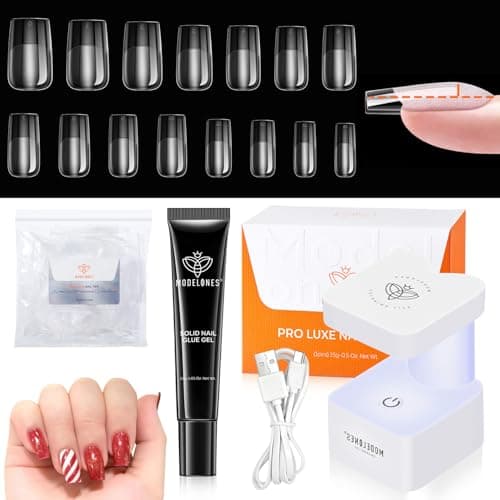 modelones X Nail Gel Kit Square, 15Sizes False Nail Tips Instant Apex Solid Glue & Mini LED Light, Medium Square Pre-Building Thick Acrylic Press on Tips U/V Lamp Extension Kit Women Gift 240Pcs - Image 1